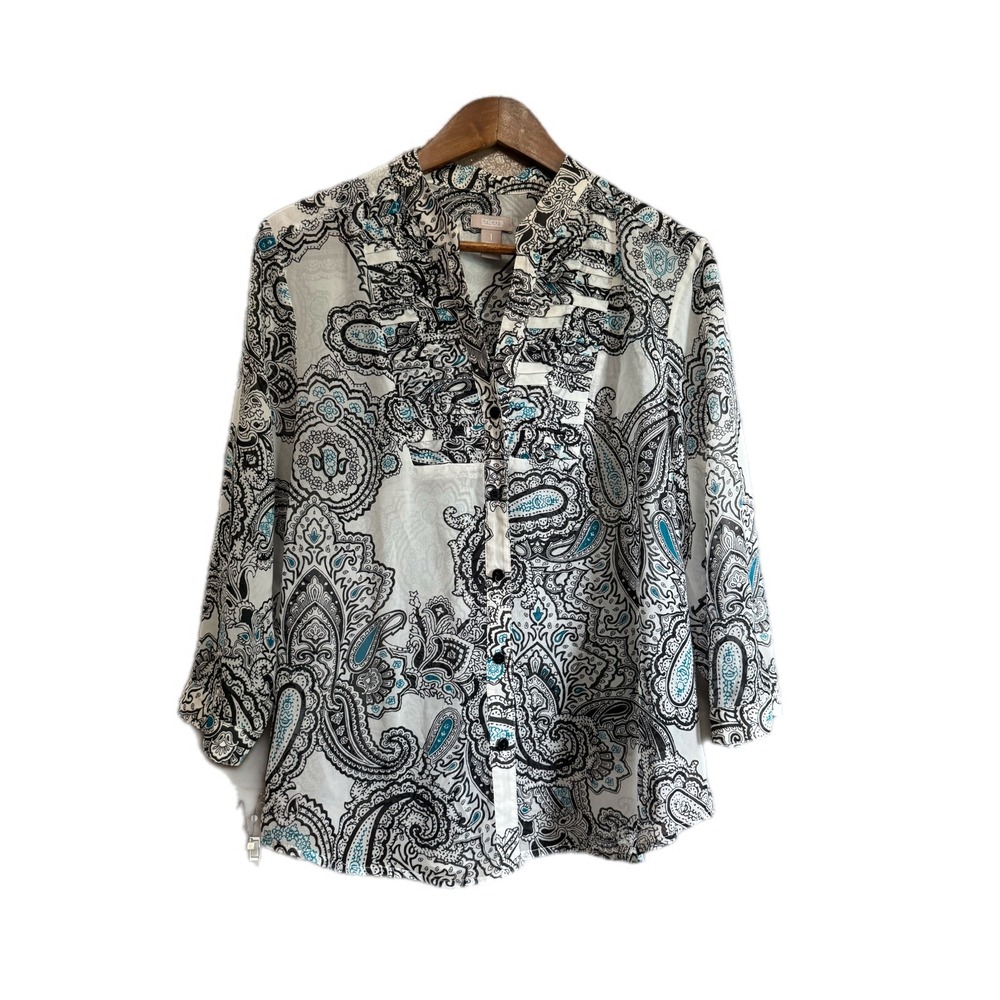 Chico's Paisley Blouse‎ Women Size 1 White Black Teal Excellent Pleated Front